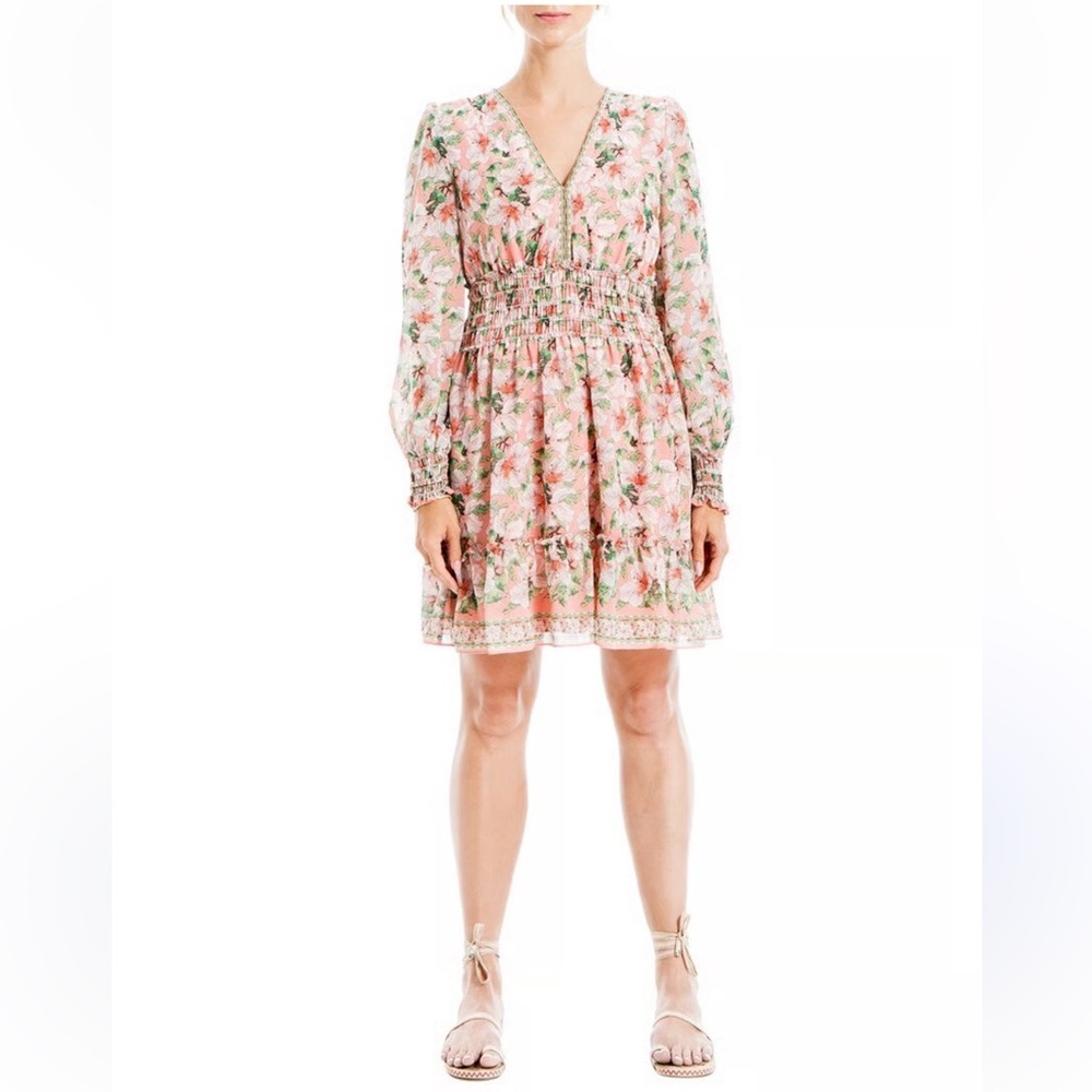 NWT Max Studio Floral Long Sleeve Smocked Waist Dress Pink Green Size L